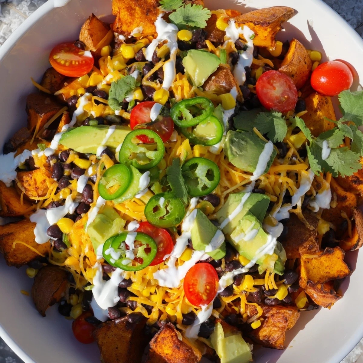 Golden roasted loaded fiesta potato bowls topped with melted cheese and colorful Tex-Mex vegetables