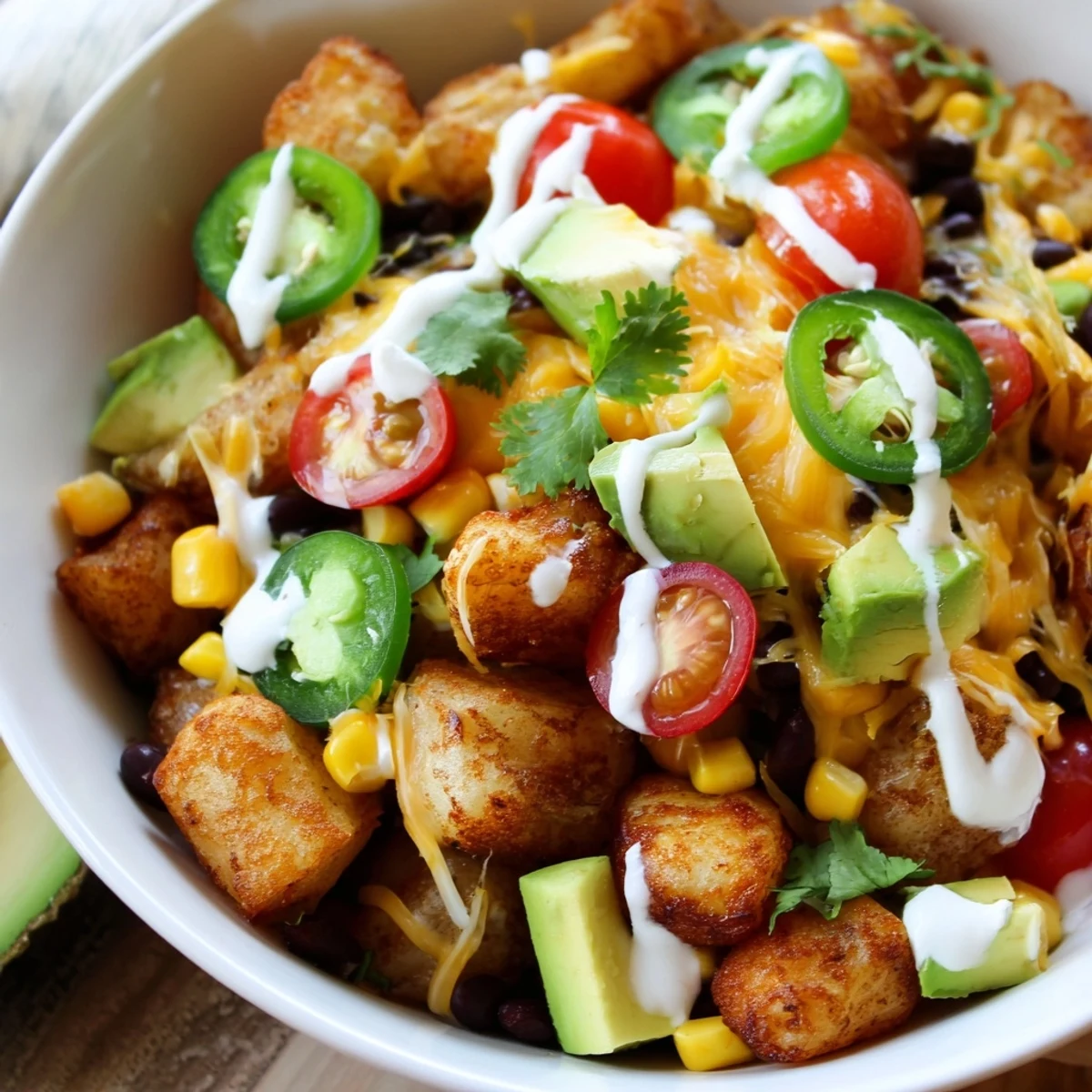 Crispy spiced potatoes piled high with black beans avocado corn and fresh cilantro garnish
