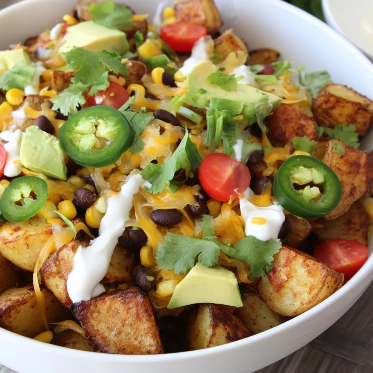 Vegetarian loaded fiesta potato bowls drizzled with sour cream and served with lime wedges