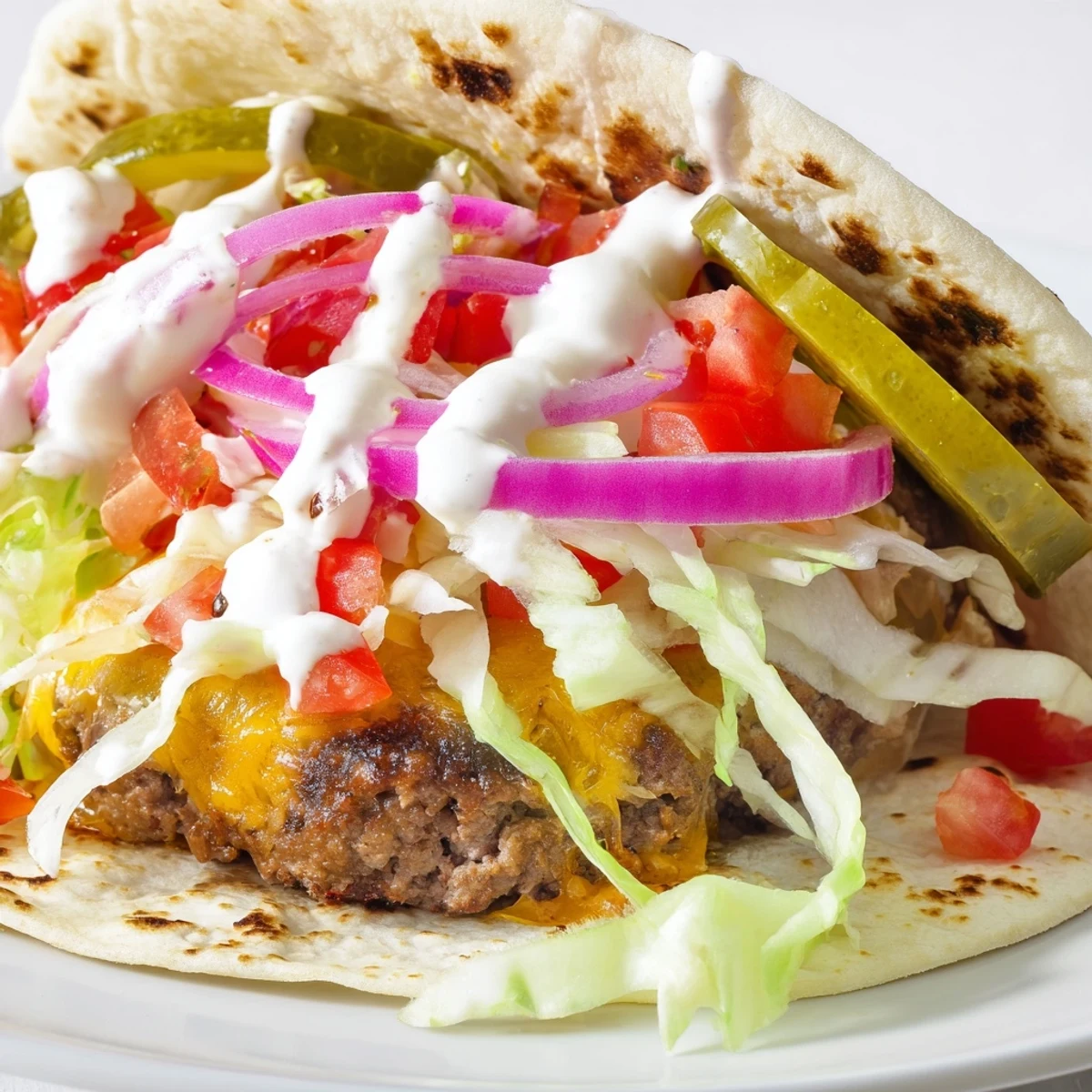 Juicy beef smash burger tacos featuring crisp lettuce tomatoes pickles and zesty sauce on soft flour tortillas