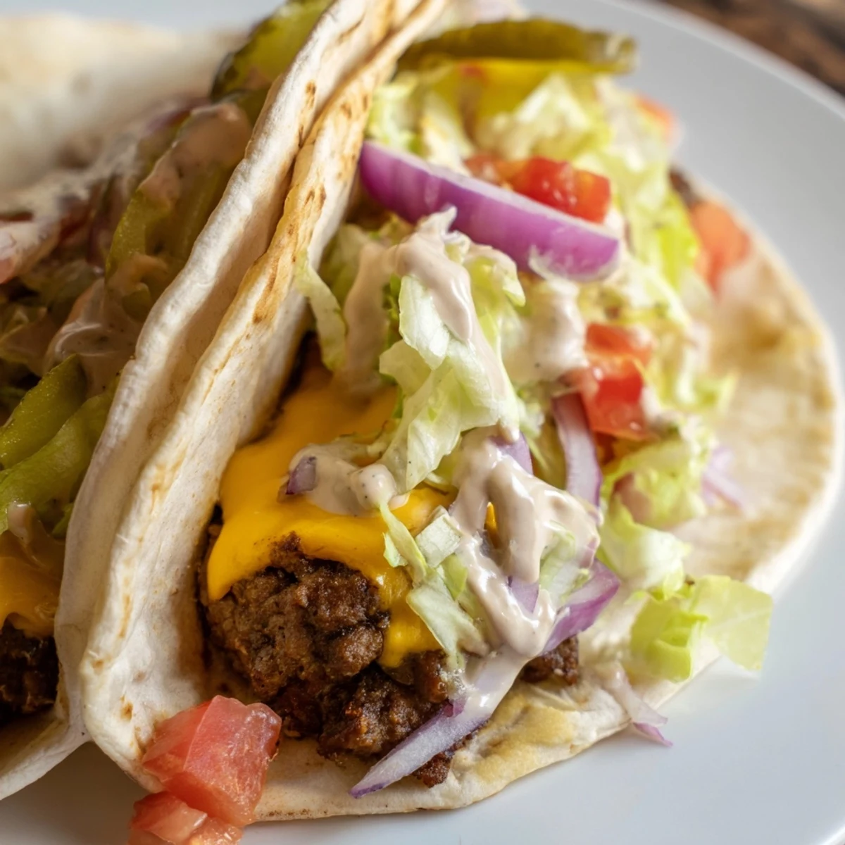 Golden crispy smash burger tacos wrapped in warm tortillas with melted American cheese and fresh toppings