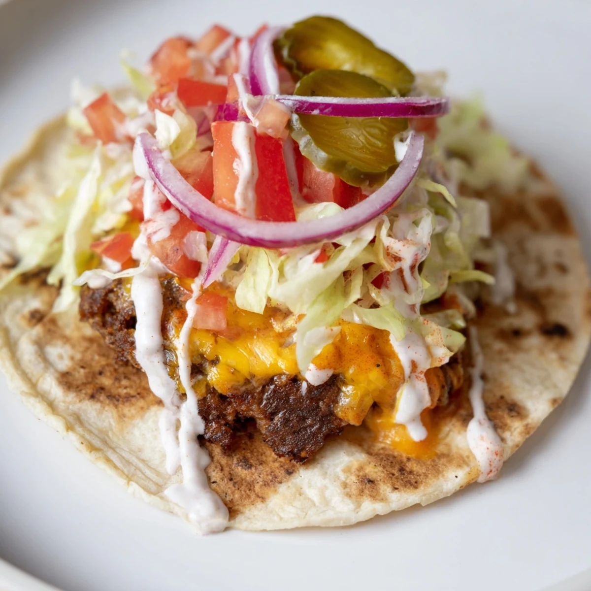 Savory smash burger tacos stacked high with melted cheese diced tomatoes red onion and special sauce