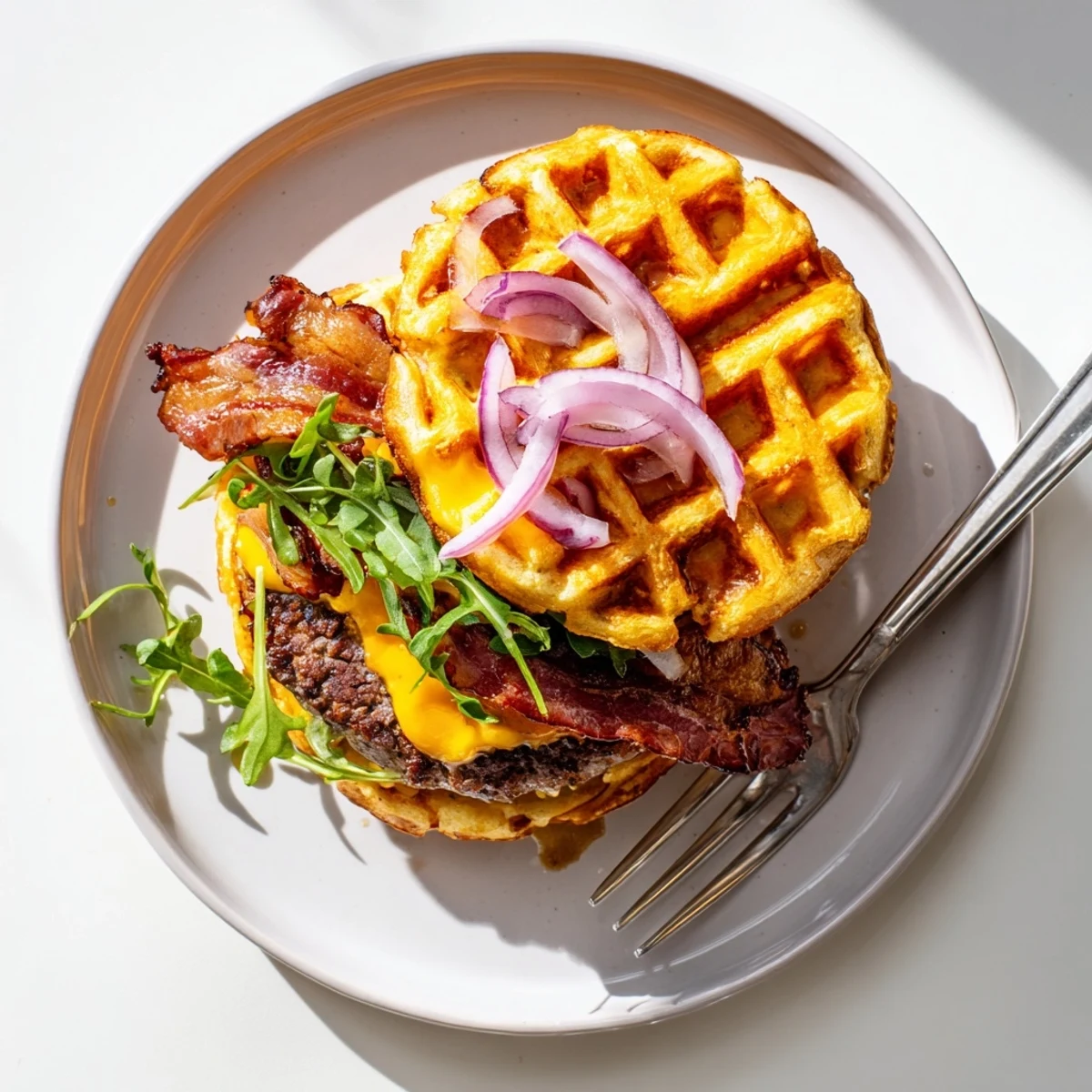 Golden waffle bun stacked with juicy maple bacon burger and melted cheddar cheese