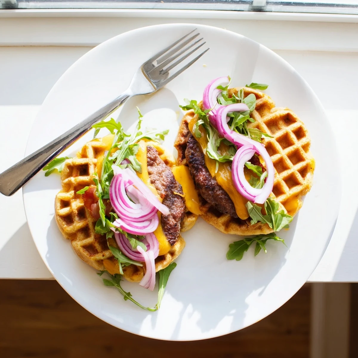 Stacked maple bacon waffle burger featuring crispy bacon strips and fresh arugula layers