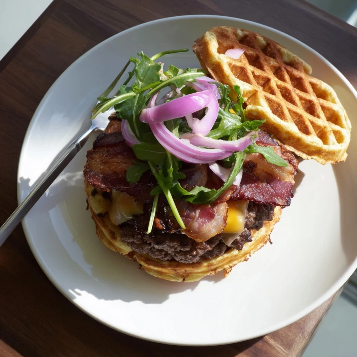 Decadent sweet and savory maple bacon waffle burger served on golden toasted waffles