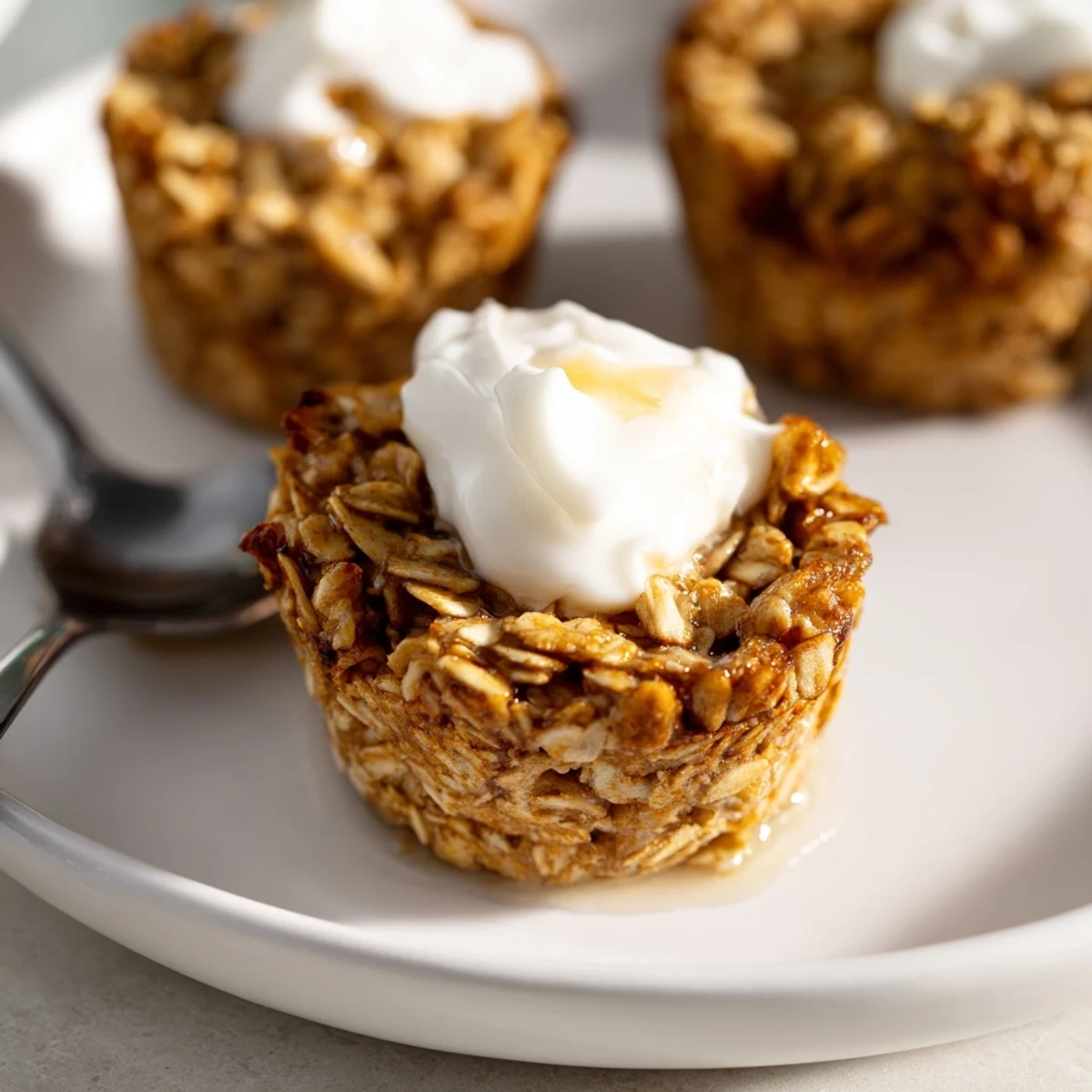 Golden banana baked oatmeal cups topped with a creamy Greek yogurt dollop