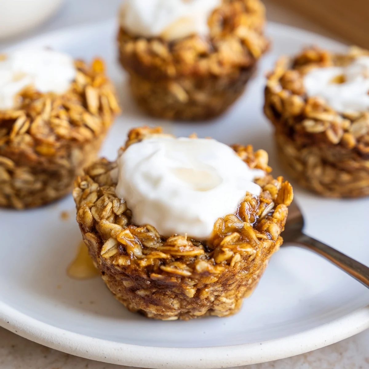 Breakfast banana baked oatmeal cups with fluffy texture and yogurt topping