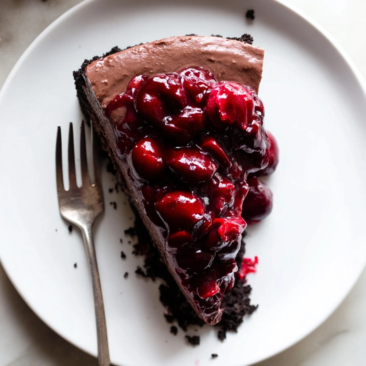 Decadent dark chocolate cherry cheesecake topped with spooned cherries and dusted with cocoa powder