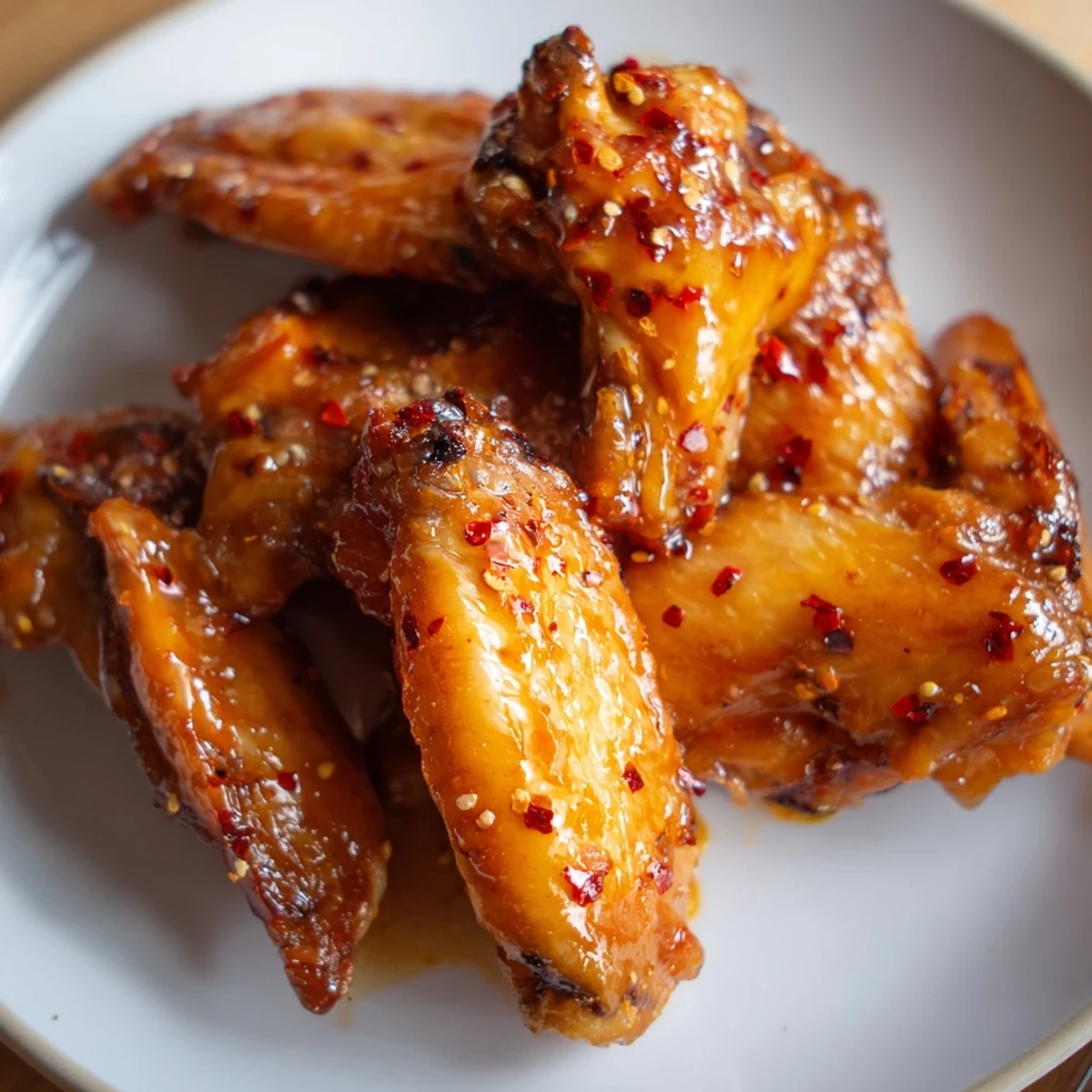 Golden smoked hot honey chicken wings glistening with sticky spicy glaze