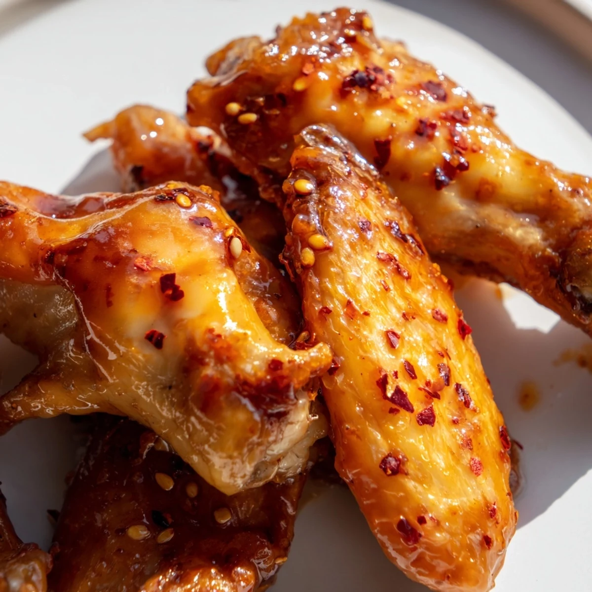 Smoky hot honey chicken wings arranged on platter with honey dripping