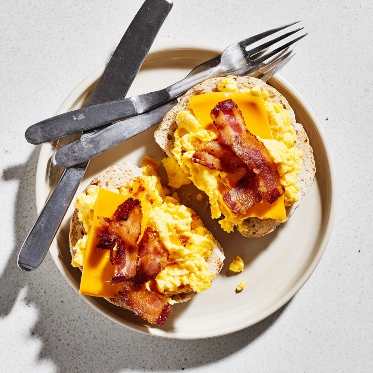 Golden brown griddle breakfast sandwich stacked with crispy bacon, fluffy scrambled eggs, and melted cheddar cheese on toasted English muffin halves