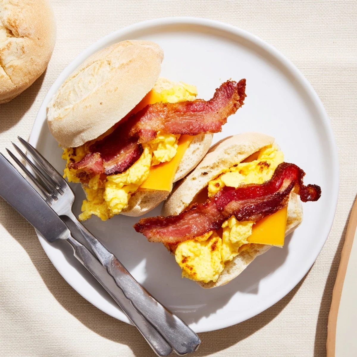 Homemade griddle breakfast sandwich featuring griddled bacon, creamy scrambled eggs, and American cheese nestled between warm, buttery English muffins