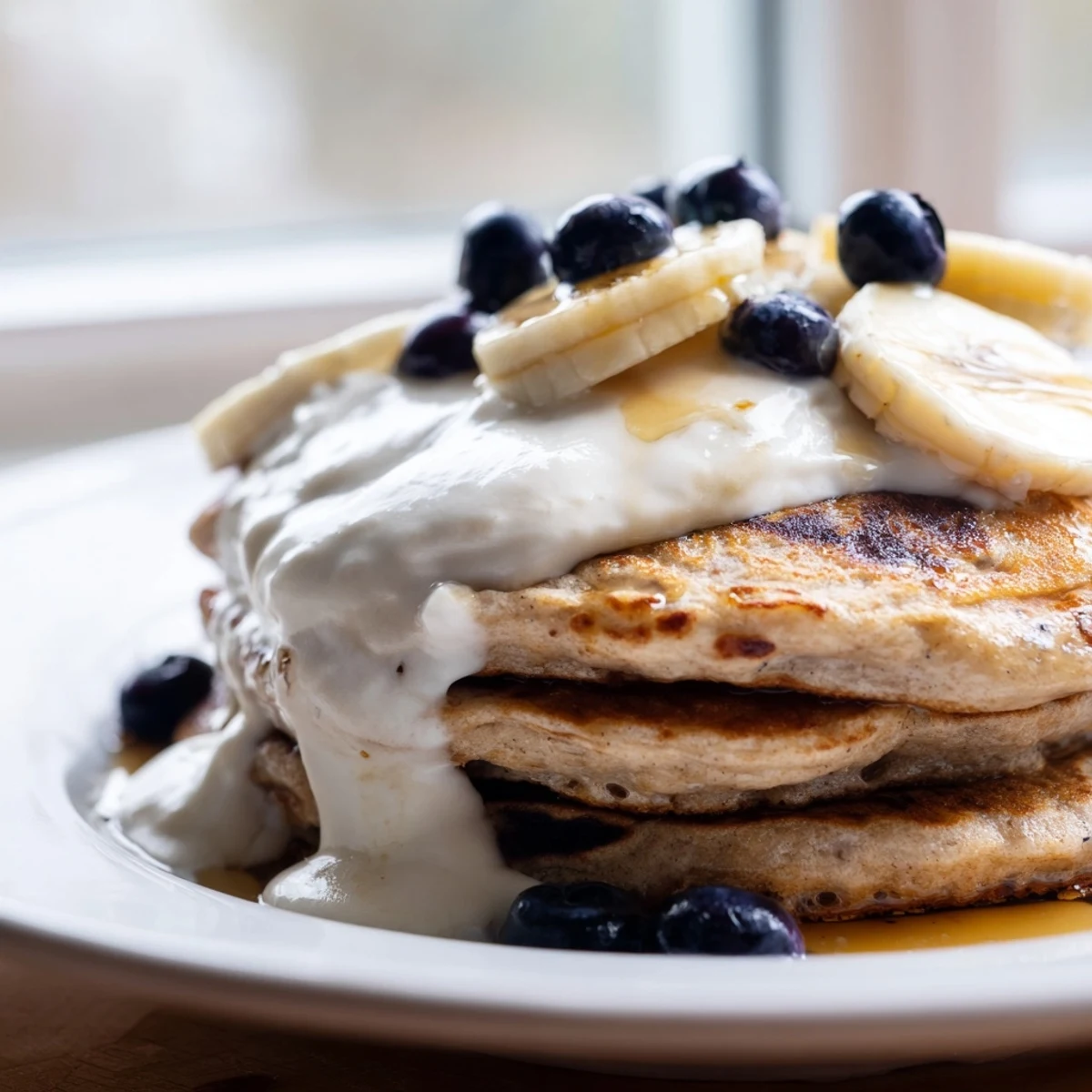 Golden stack of fluffy banana oatmeal pancakes topped with creamy Greek yogurt and fresh berries