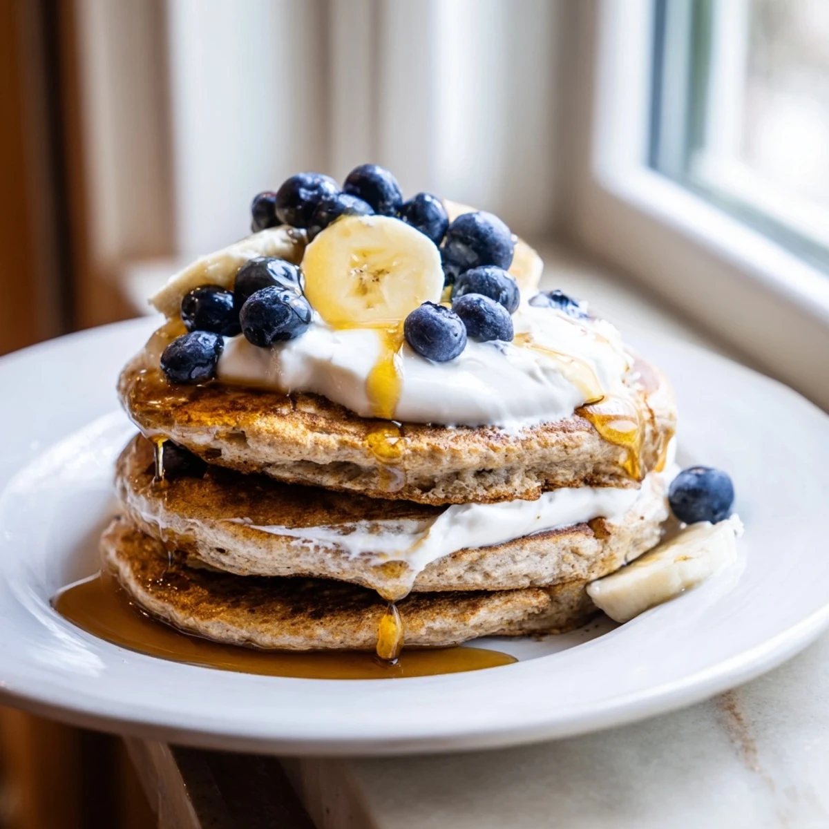 Wholesome banana oatmeal pancakes drizzled with maple syrup and served with dollop of Greek yogurt