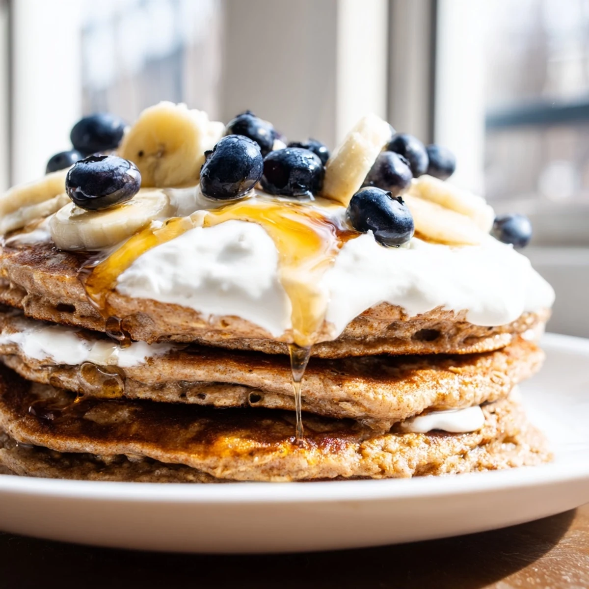Warm fluffy banana oatmeal pancakes stacked high with Greek yogurt and sliced banana topping