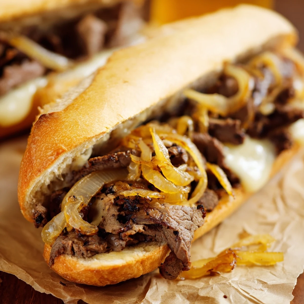 Sizzling ultimate griddled cheesesteak loaded with melted provolone and caramelized onions on toasted hoagie roll