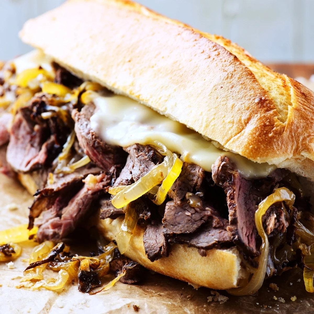 Golden toasted ultimate griddled cheesesteak sandwich overflowing with juicy ribeye steak and gooey cheese layers