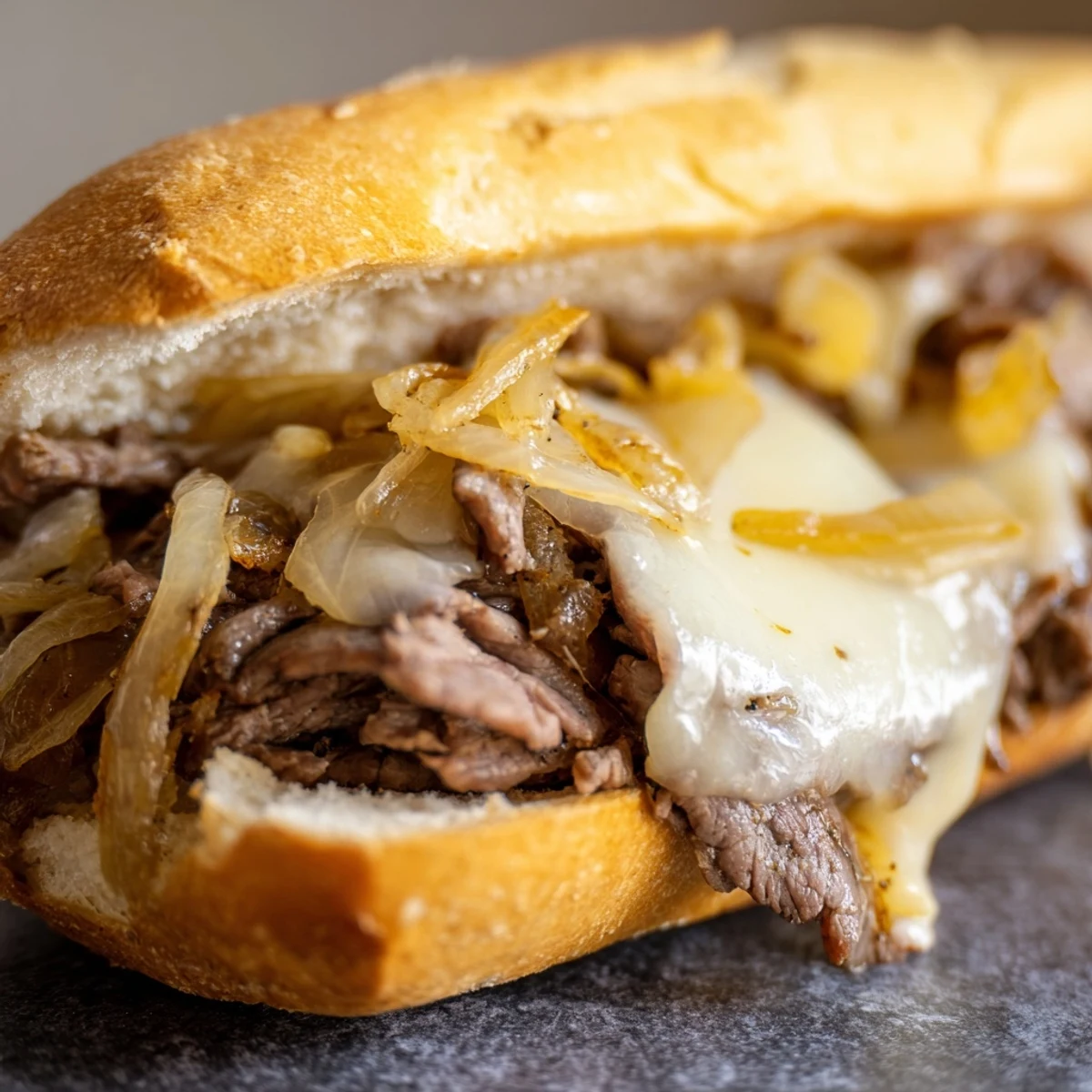 Ultimate griddled cheesesteak featuring tender beef peppers and melted provolone on buttered griddled roll