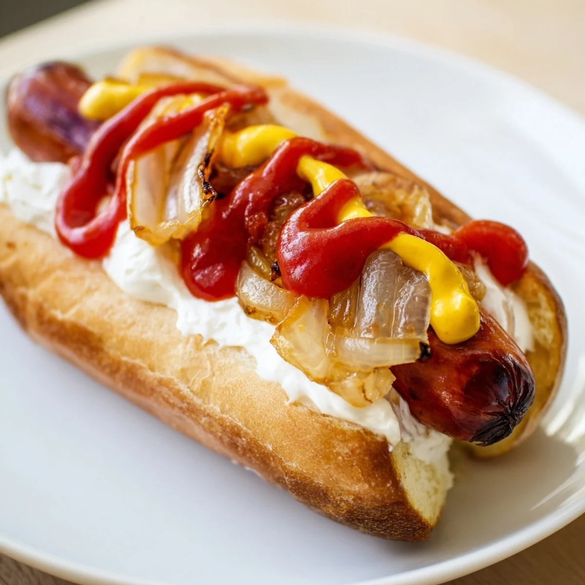 Grilled Seattle hot dog with cream cheese and caramelized onions in a toasted bun