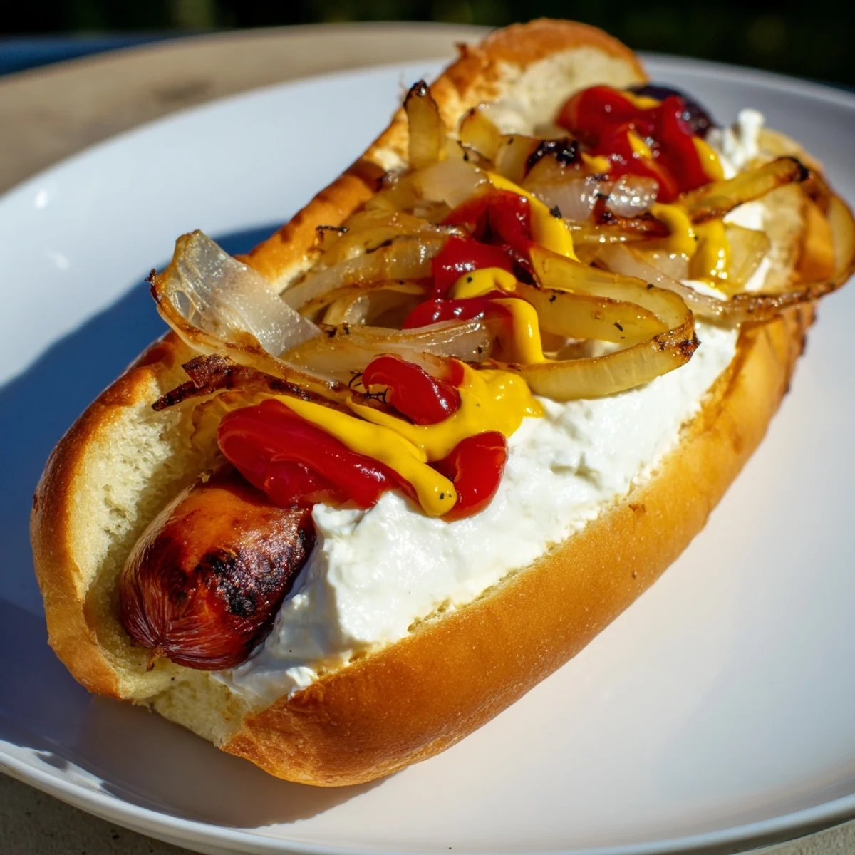 Seattle style hot dog featuring grilled sausage, cream cheese base and golden onion toppings