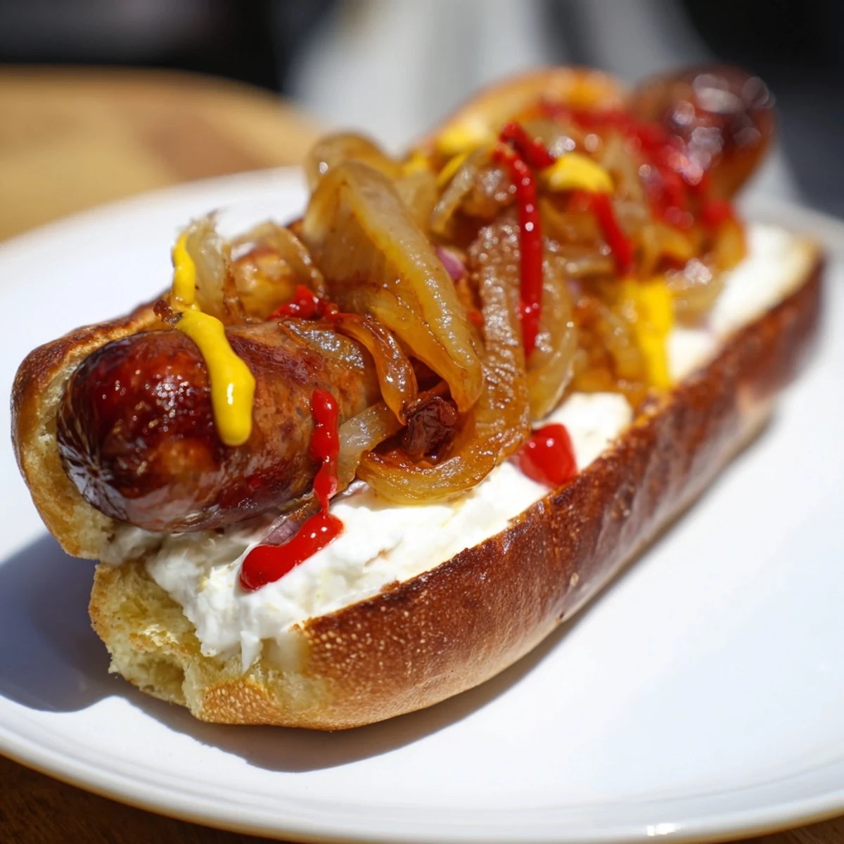 Seattle hot dogs topped with sautéed onions and condiments on a warm grill