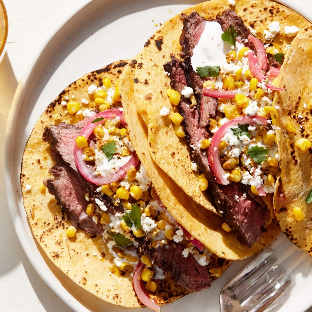 Golden grilled steak elote tacos piled high with charred corn, tangy crema, and crumbly cotija cheese