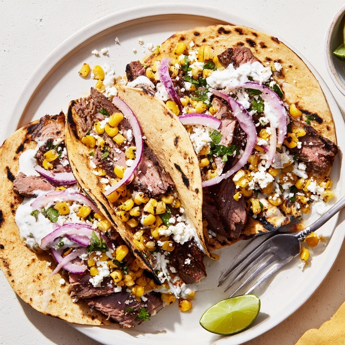 Warm corn tortillas stacked with juicy grilled steak elote tacos topped with zesty lime and red onion