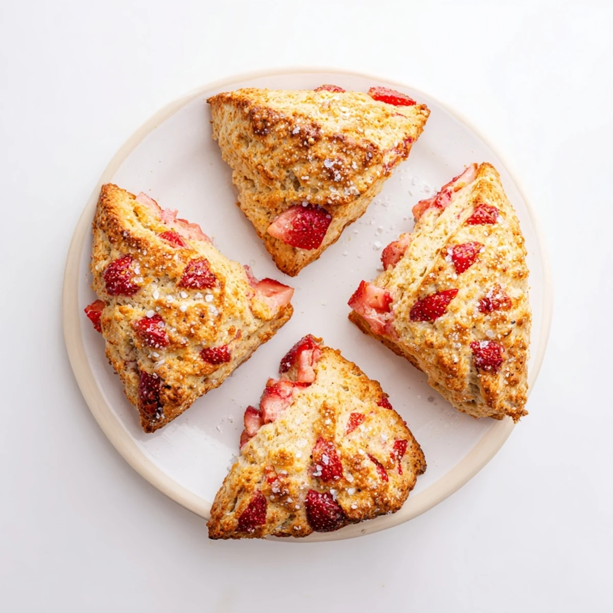 Fresh baked strawberry scones glazed with cream and scattered with chopped berries