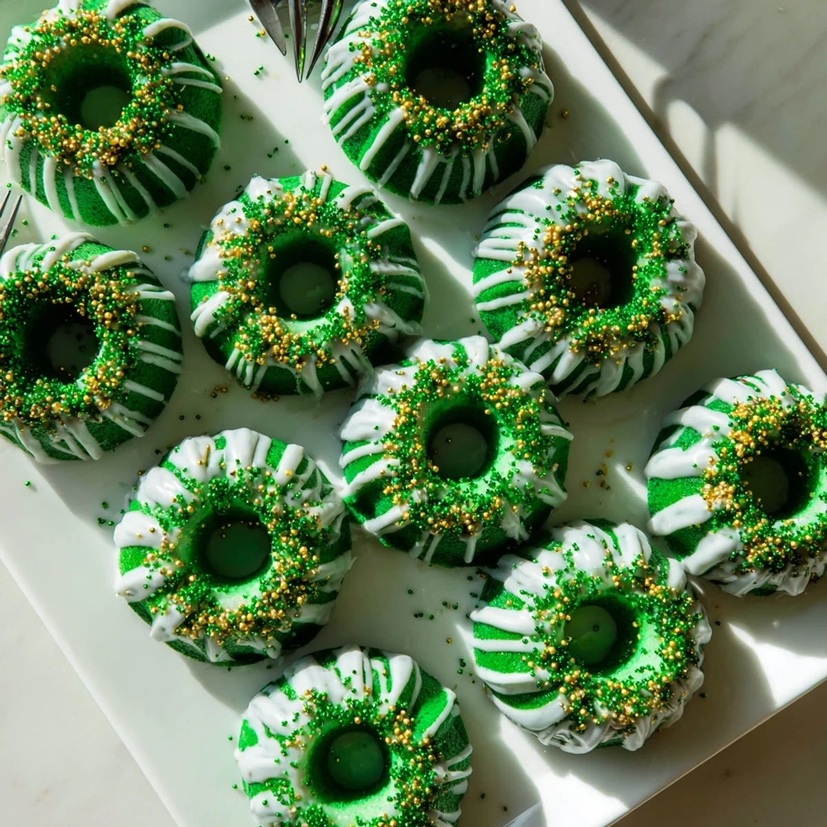 Festive St. Patricks Day green velvet mini bundt cakes topped with creamy icing