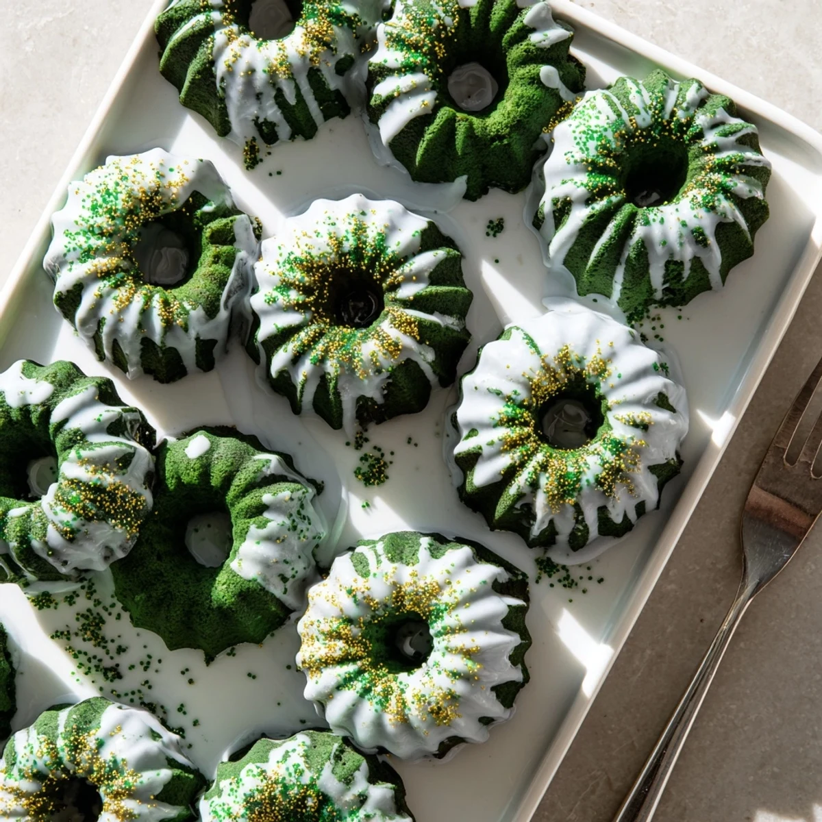 Vibrant green mini bundt cakes with chocolate flavor and vanilla glaze for Saint Patricks Day