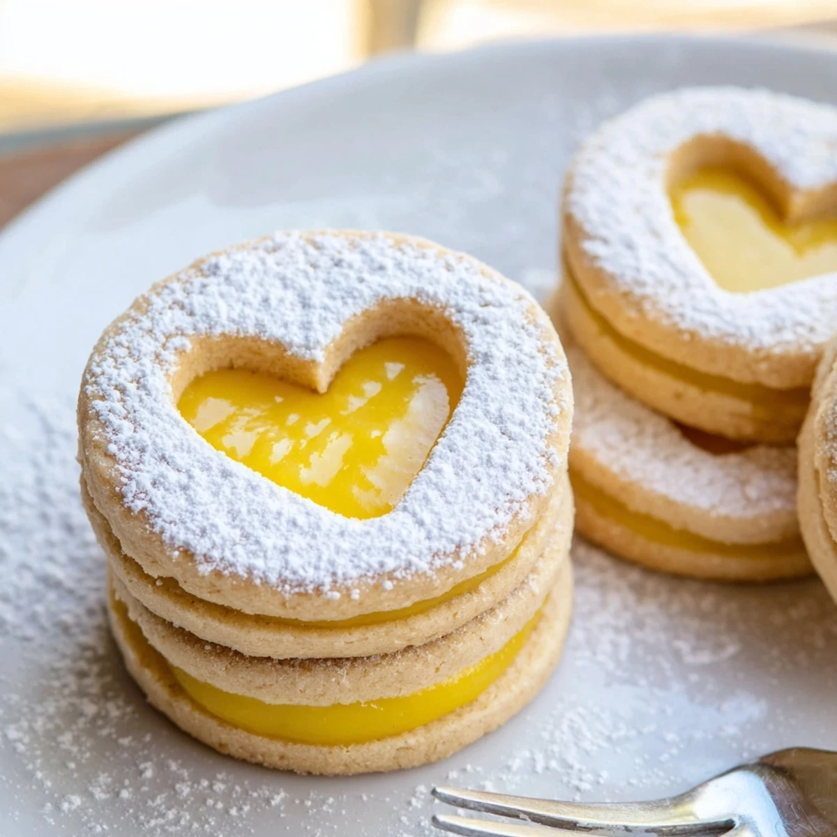 Golden Meyer lemon curd Linzer cookies with powdered sugar dusting on white plate
