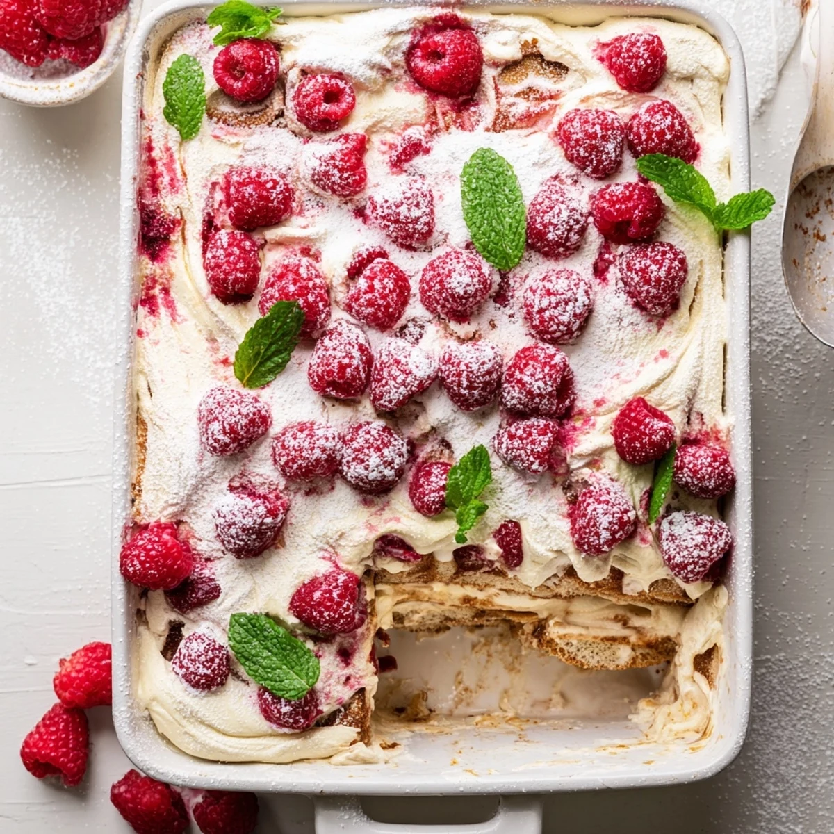 Raspberry tiramisu dessert with mascarpone cream layers and bright red fruit topping