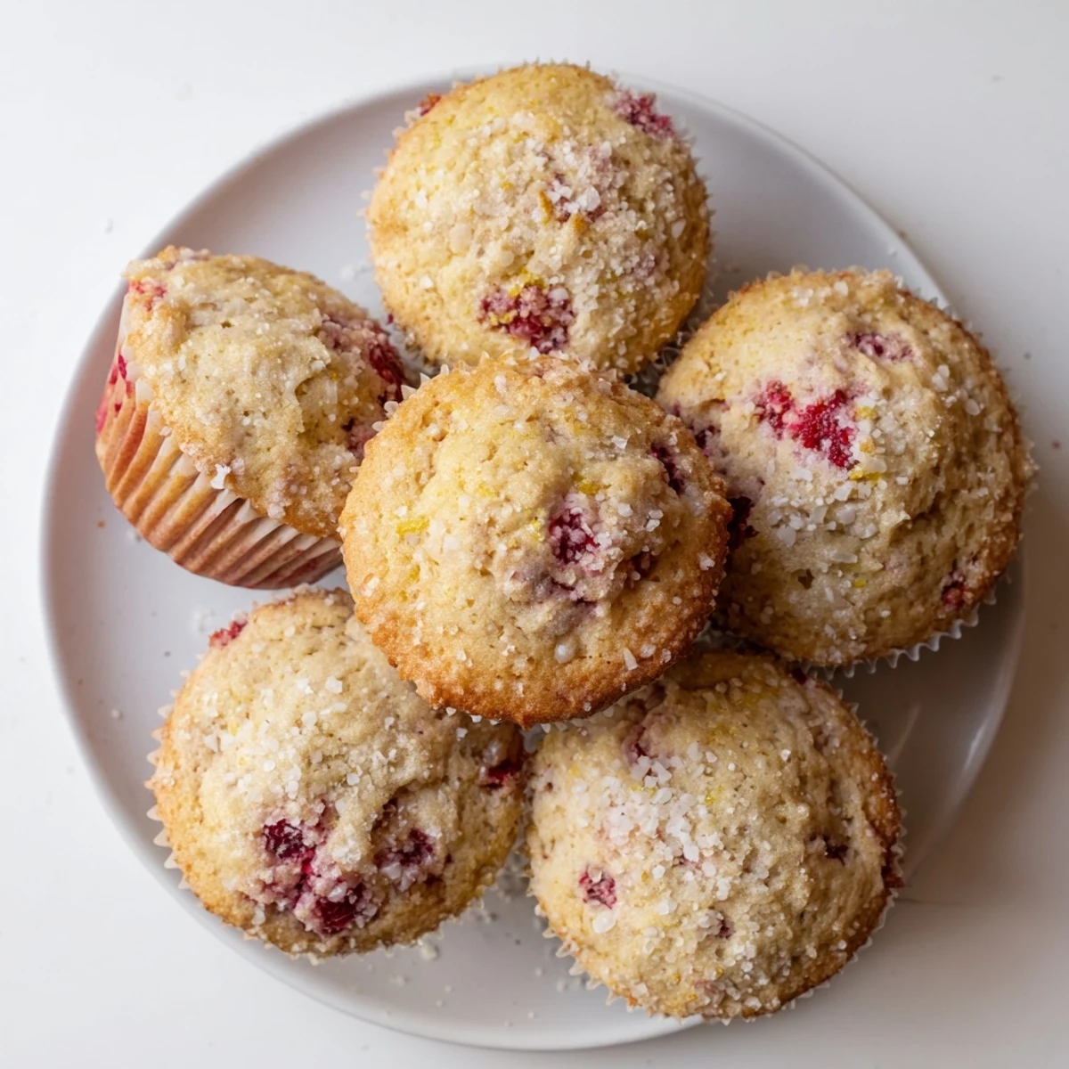 Freshly baked lemon raspberry muffins cooling on a wire rack, bursting with juicy fruit
