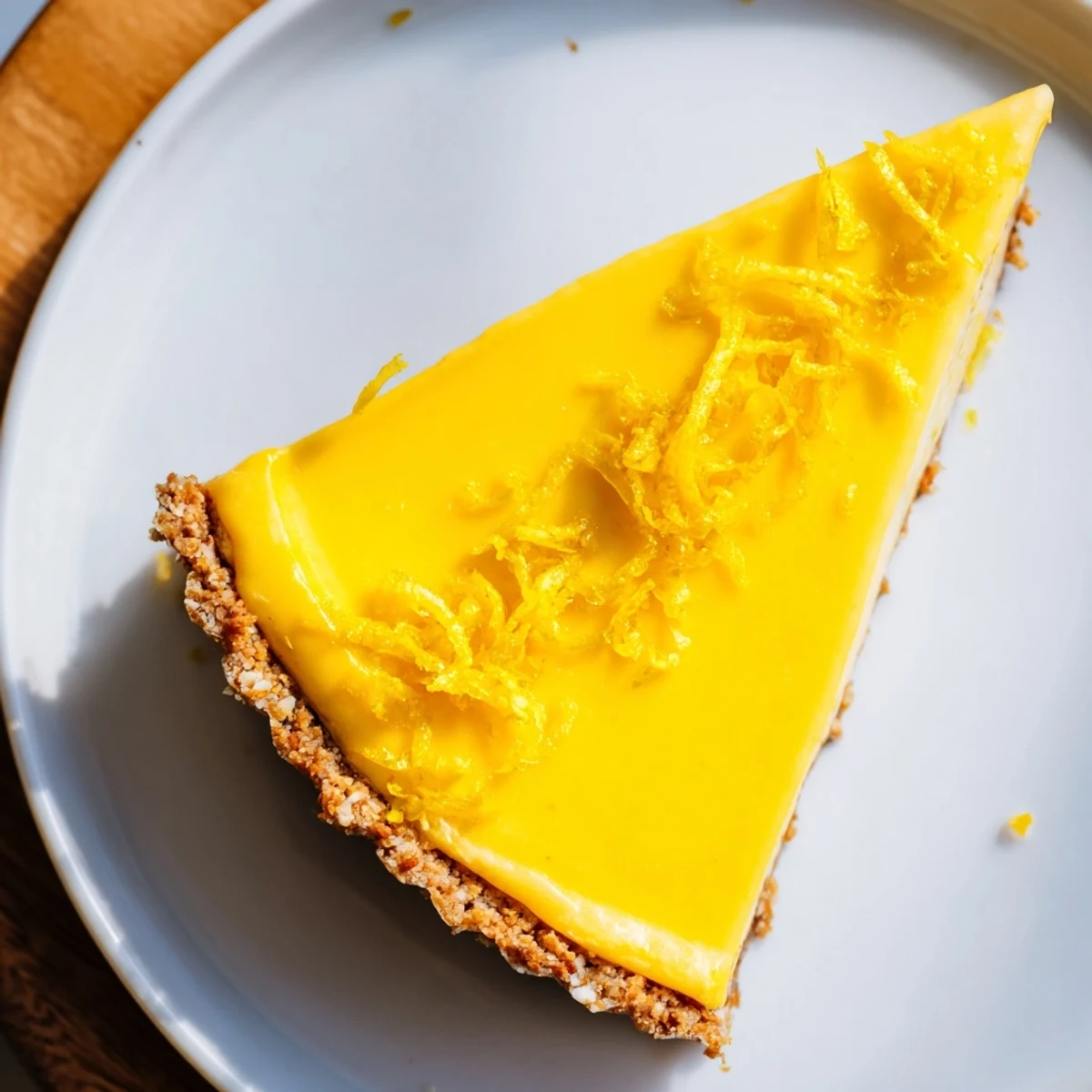 Slice of refreshing no bake vegan lemon tart showing smooth bright yellow filling
