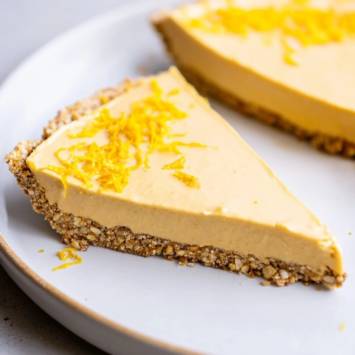 Whole no bake vegan lemon tart topped with coconut flakes on serving plate