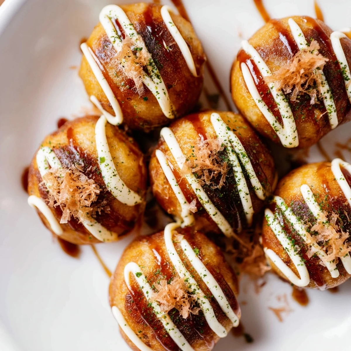 Golden takoyaki balls drizzled with savory sauce and topped with dancing bonito flakes