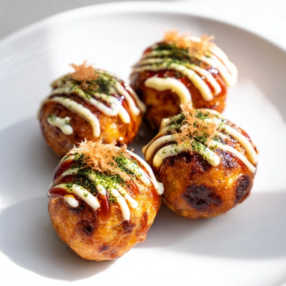 Crispy takoyaki appetizers filled with tender octopus and garnished with dried seaweed flakes