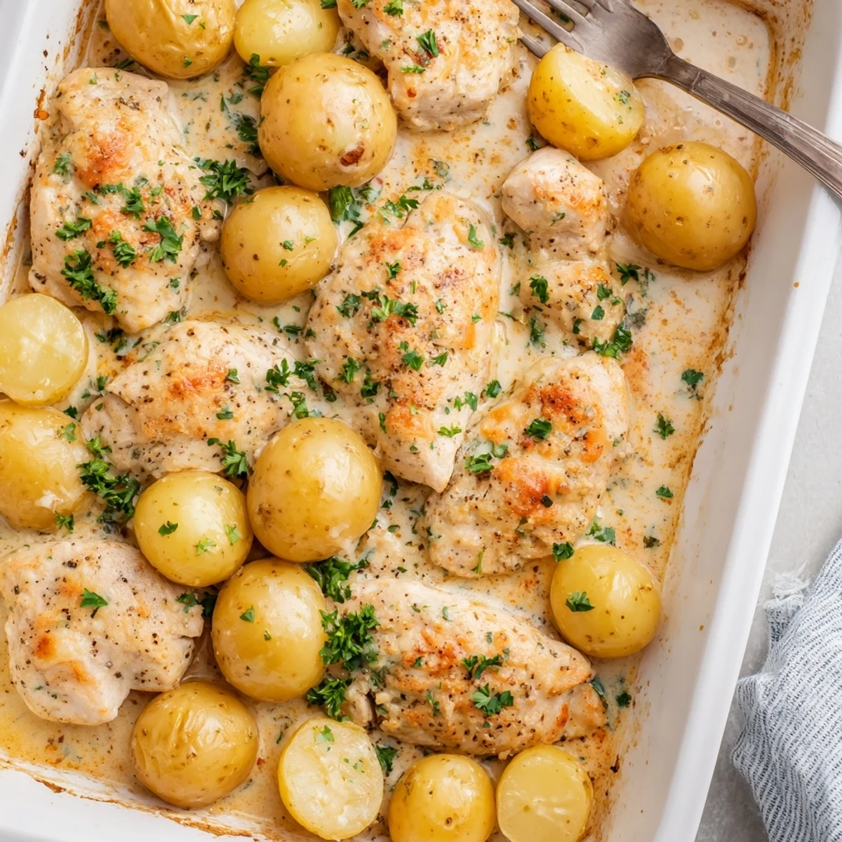 Golden brown chicken and tender baby potatoes swimming in rich garlic Parmesan cream sauce