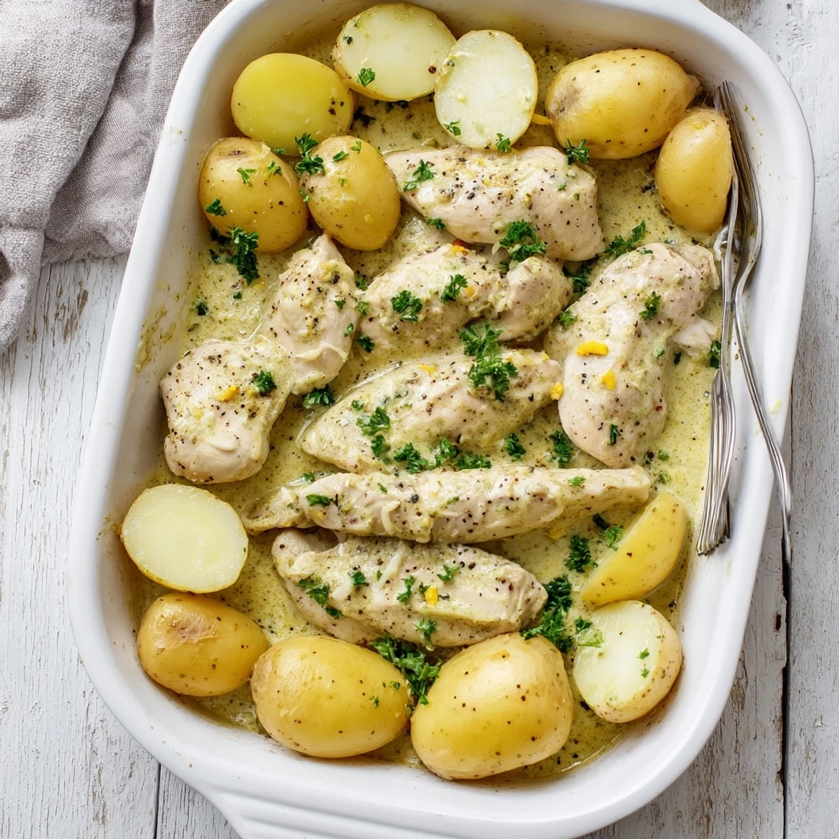 Baked chicken and potatoes dish with creamy white garlic sauce and fresh green parsley garnish