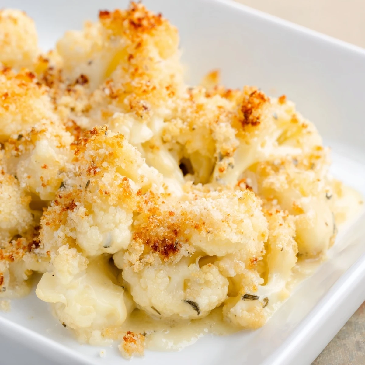 Creamy cauliflower casserole with tender florets smothered in rich cheese sauce and finished with a crunchy Parmesan panko topping
