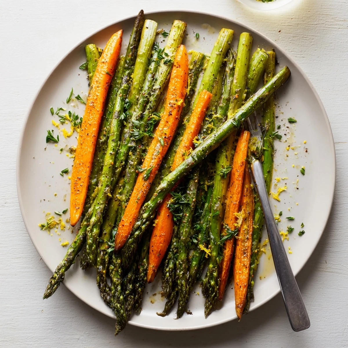 Golden roasted asparagus and caramelized carrot sticks arranged on a white serving platter