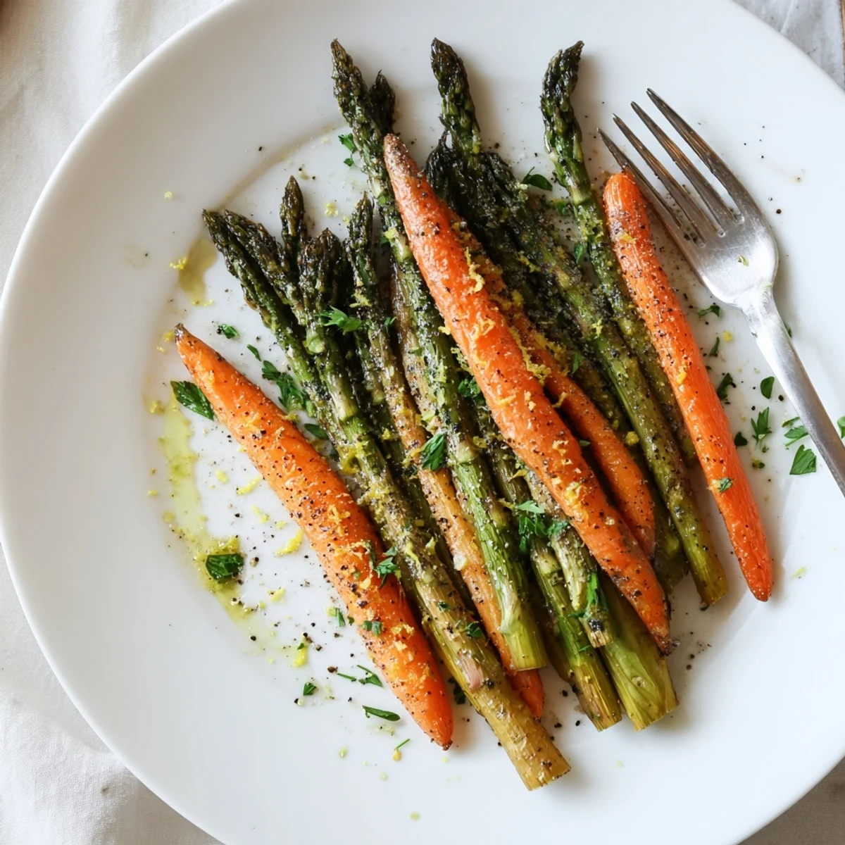 Colorful roasted asparagus and carrots seasoned with herbs and olive oil on baking sheet