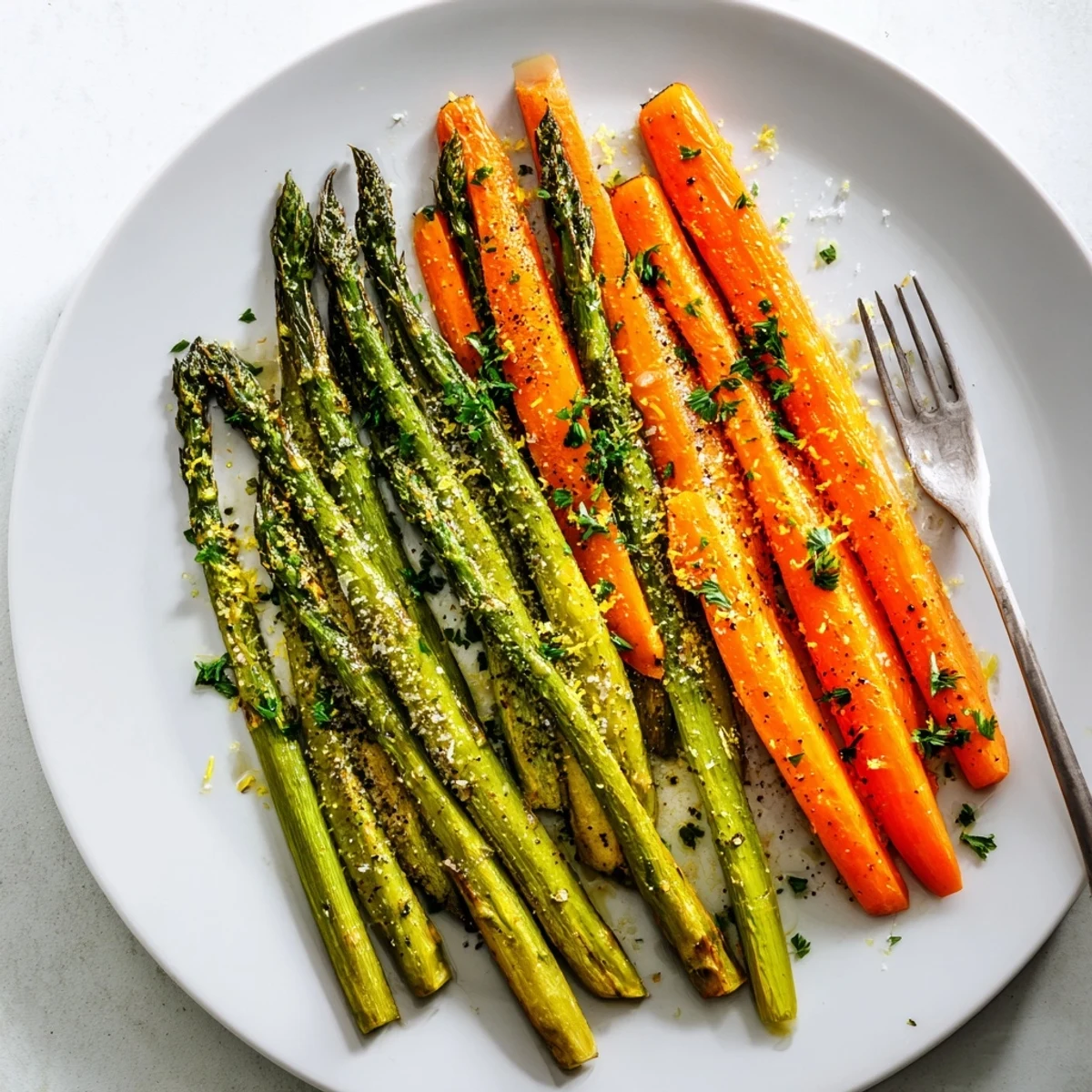 Tender roasted asparagus and sweet carrot sticks garnished with fresh parsley and lemon zest