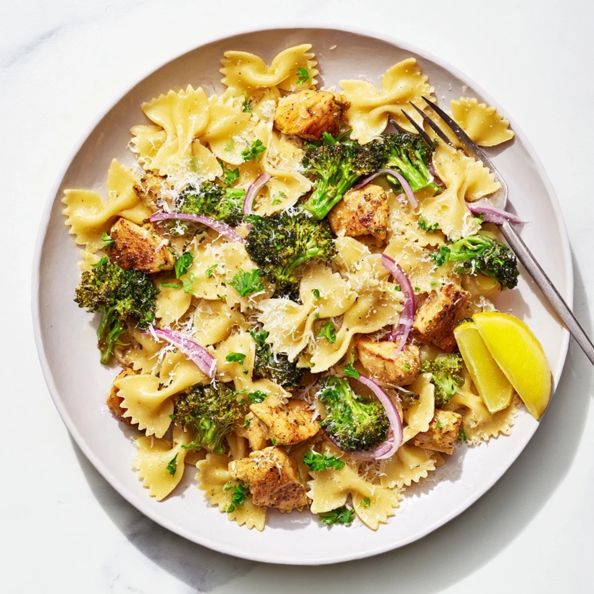 Golden bowtie pasta tossed with tender chicken and crisp broccoli in zesty lemon cowboy butter sauce