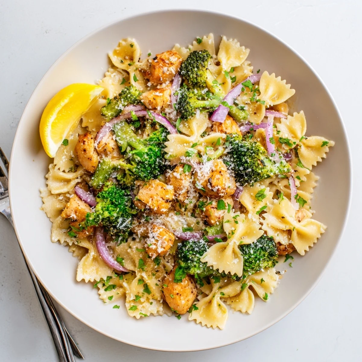 Vibrant Southwest-style pasta dinner with chicken, broccoli florets, and bowtie noodles coated in tangy citrus butter sauce