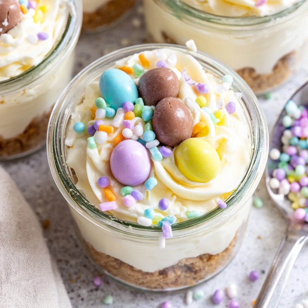No-bake Easter Egg Cheesecake Jars featuring smooth cheesecake filling hiding surprise chocolate Easter eggs throughout