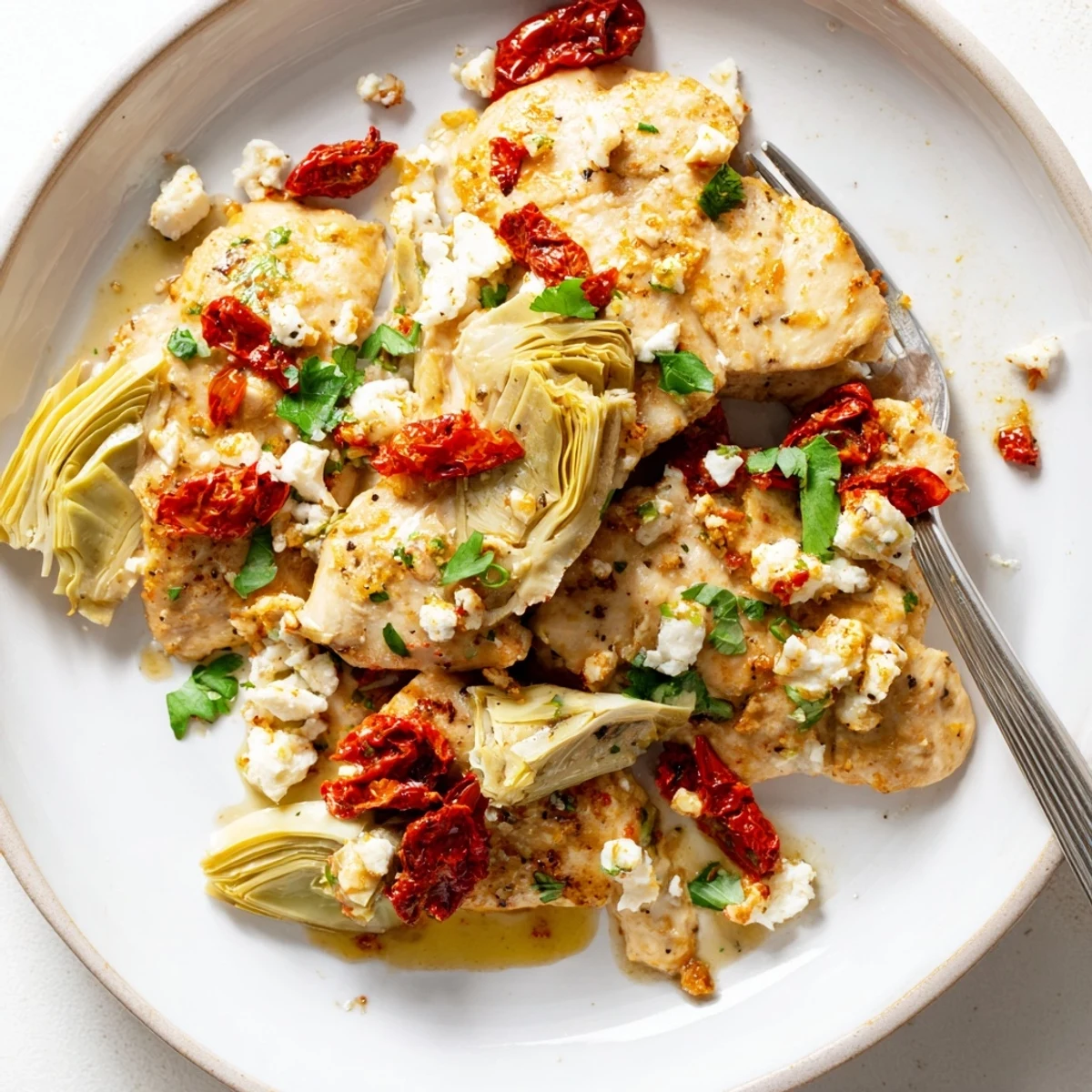 Golden broiled artichoke chicken topped with melted feta and fresh parsley