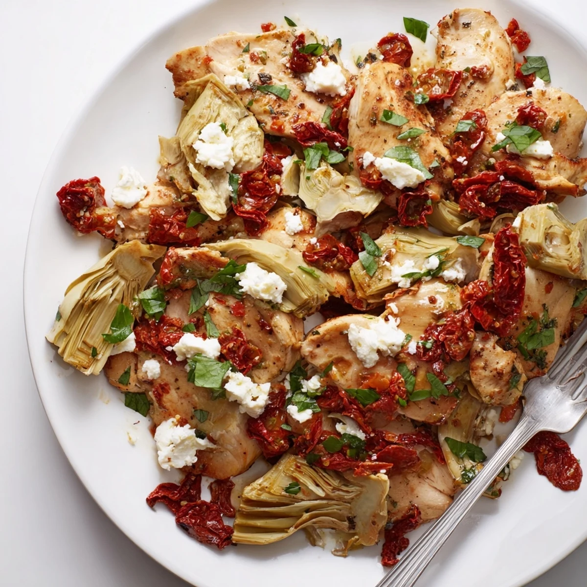 Tender marinated chicken featuring sun-dried tomatoes and tangy feta artichoke topping