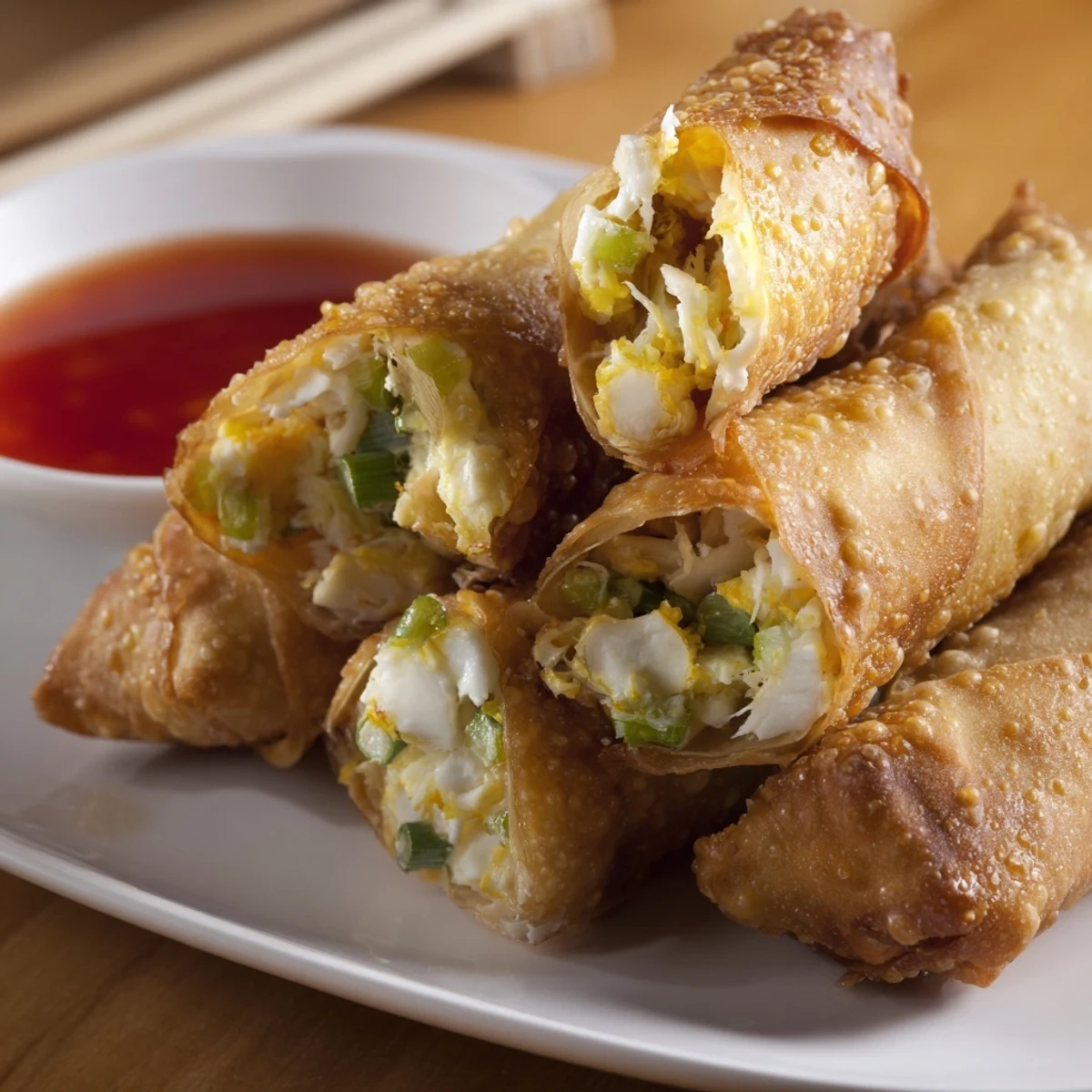 Golden brown Crab Rangoon egg rolls with crispy fried exteriors and creamy crab filling displayed on white plate
