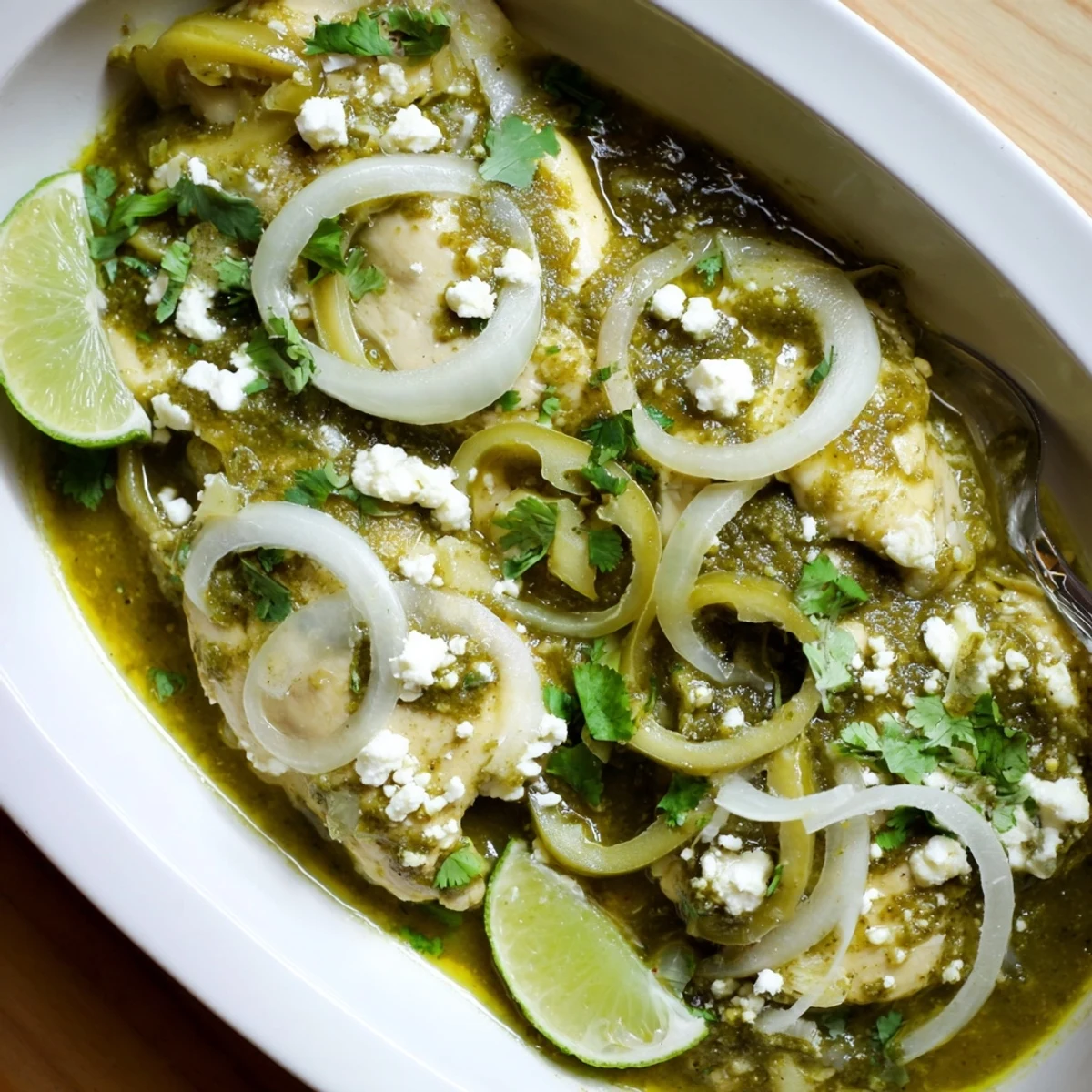 Tender chicken breasts swimming in vibrant green salsa verde sauce with melted cheese